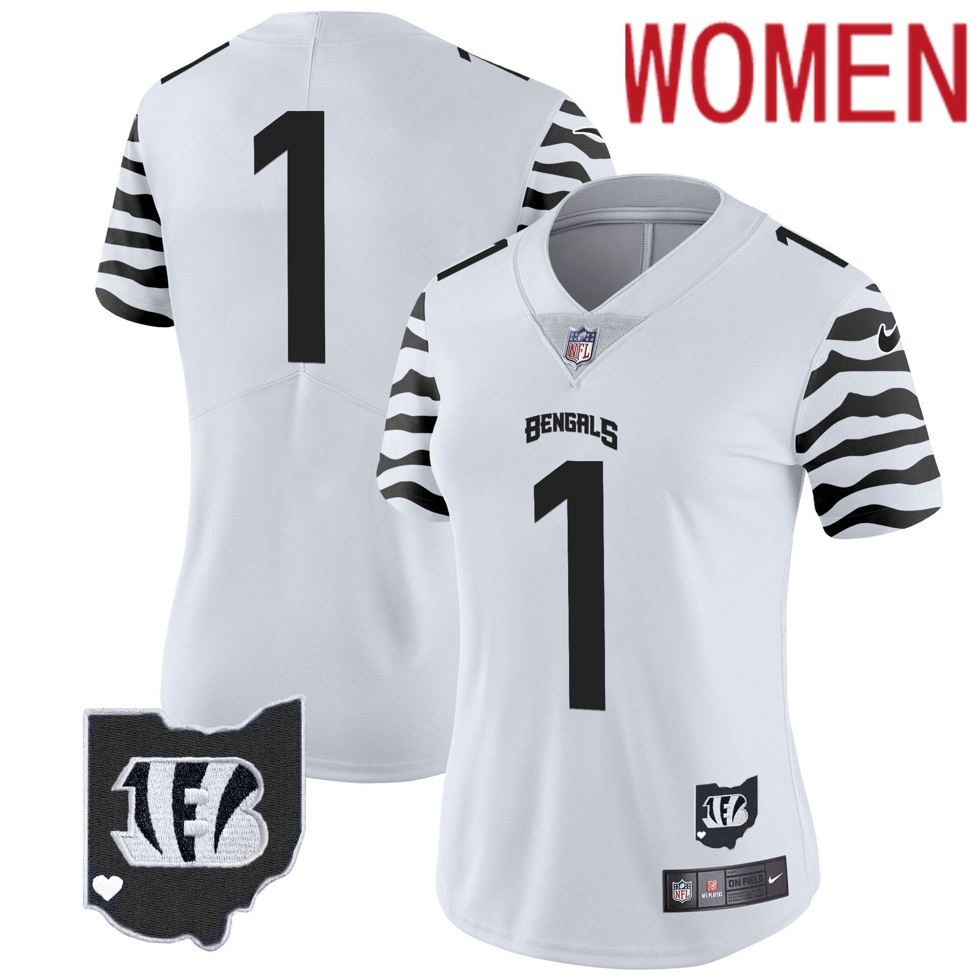 Women Cincinnati Bengals #1 Chase White 2024 Nike Stripes Vapor Limited NFL Jersey style 1